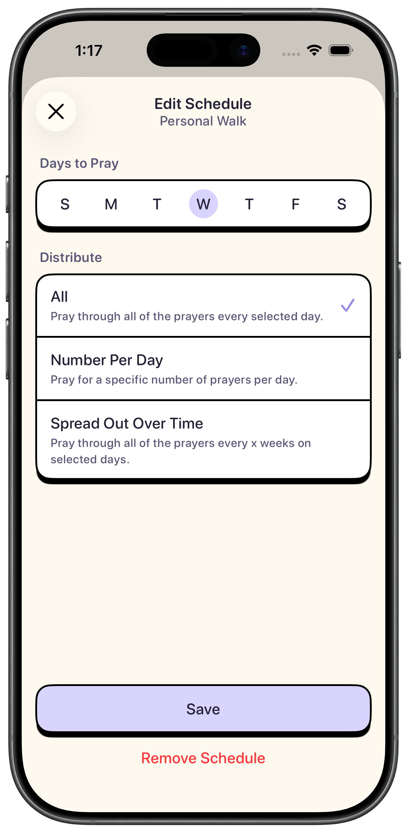 Scheduling prayers by day in Praily
